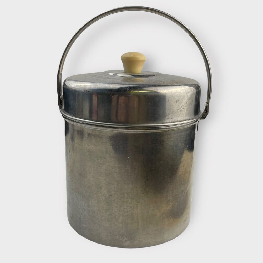 VTG MCM Spun Aluminum Ice Bucket Silver Color Handle Tray Insert Lid Handle